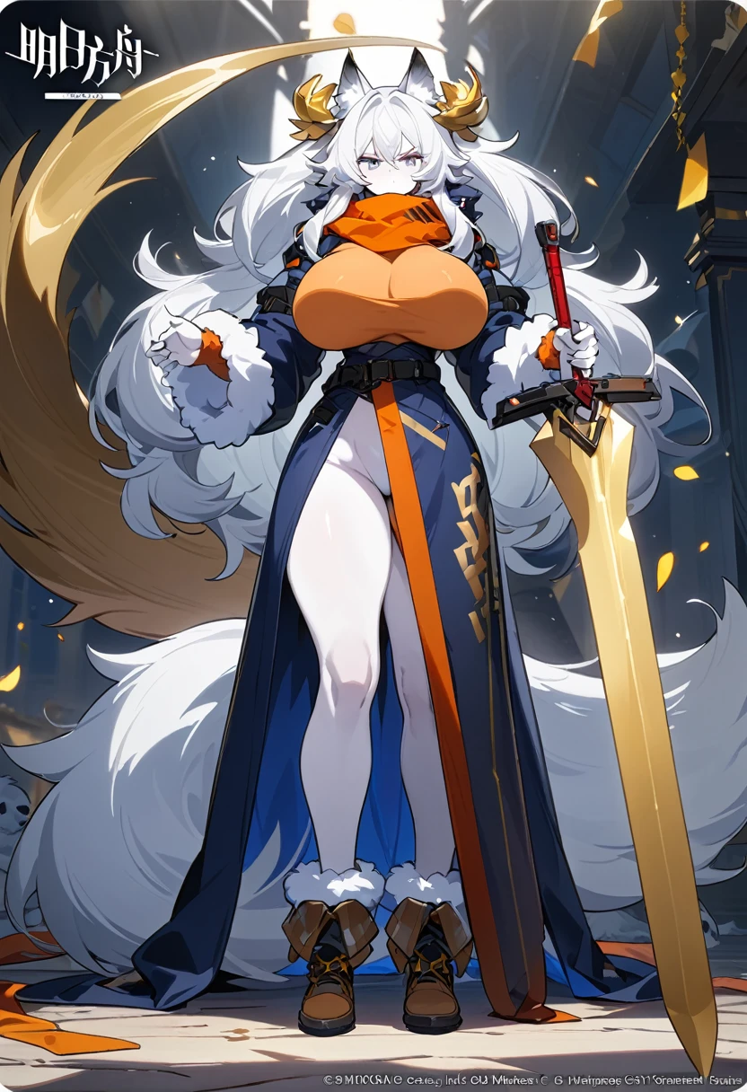 (masterpiece, quality, Best quality at best, Official Art, Beautiful and beautiful:1.2),White skin, Large scale, Muscular girl, monster, Aggressive, I am proud,length, Wavy white hair,long dark blue coat,Very very huge ,Scarf,Wolf Girl,Golden decoration,Big tail,pants,Big animal ears,Giant Sword,length boots,Warm clothing,Large size clothes,No exposed skin,fluffy,Venus Body,Arknights,anger,
