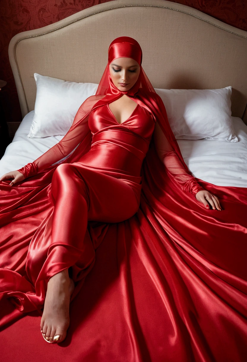 a woman in the translucent red satin gown, tight full body tied, satin sheet, nipple on with nipple piercing, wearing translucent veils, blindfolded, face cover with satin veil, satin hijab, full body, long satin,mermaid tight long gown, flowy dramatic long gown, tall women, satin fabric on flor, lying in bed, wear high heels, masterpice.