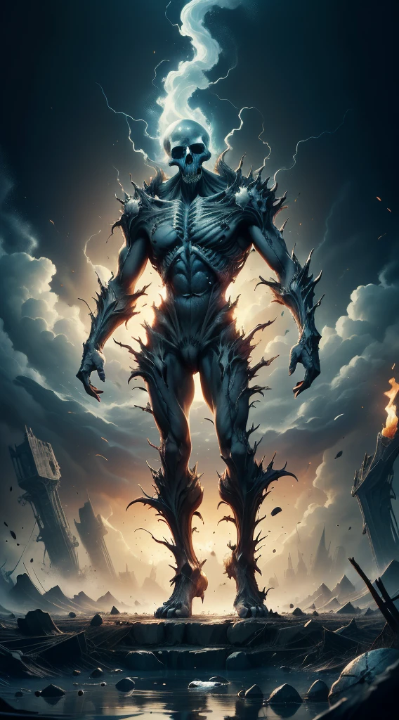 A towering, skeletal figure stands over 20 feet tall, its bony frame wreathed in flickering, ethereal flames. Its elongated, misshapen skull has hollow, sunken eye sockets that seem to pierce the soul. Wisps of smoke curl from between its exposed, jagged teeth. Massive, clawed hands tipped with razor-sharp phalanges hang at its sides, radiating intense heat. As it moves, the ground trembles beneath its thunderous steps, leaving a trail of smoldering destruction in its wake.