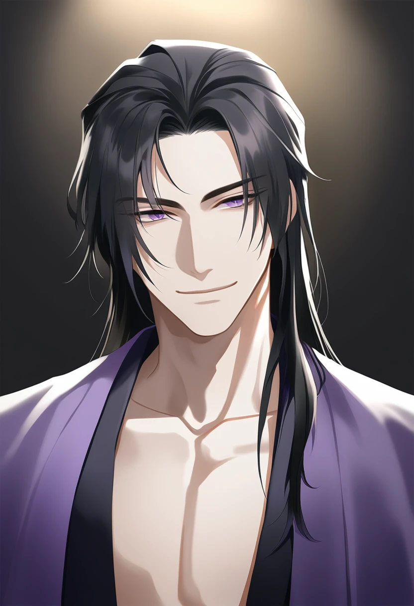 (masterpiece, best quality:1.2), 1male, solo, jiang cheng, mo dao zu shi, mdzs, purple and black clothes, purple eyes, long black hair, perfect anatomy, smile