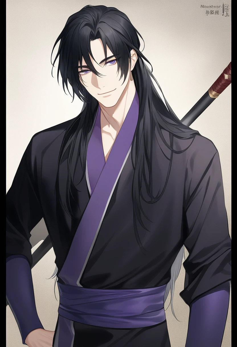 (masterpiece, best quality:1.2), 1male, solo, jiang cheng, mo dao zu shi, mdzs, purple and black clothes, purple eyes, long black hair, perfect anatomy, smile