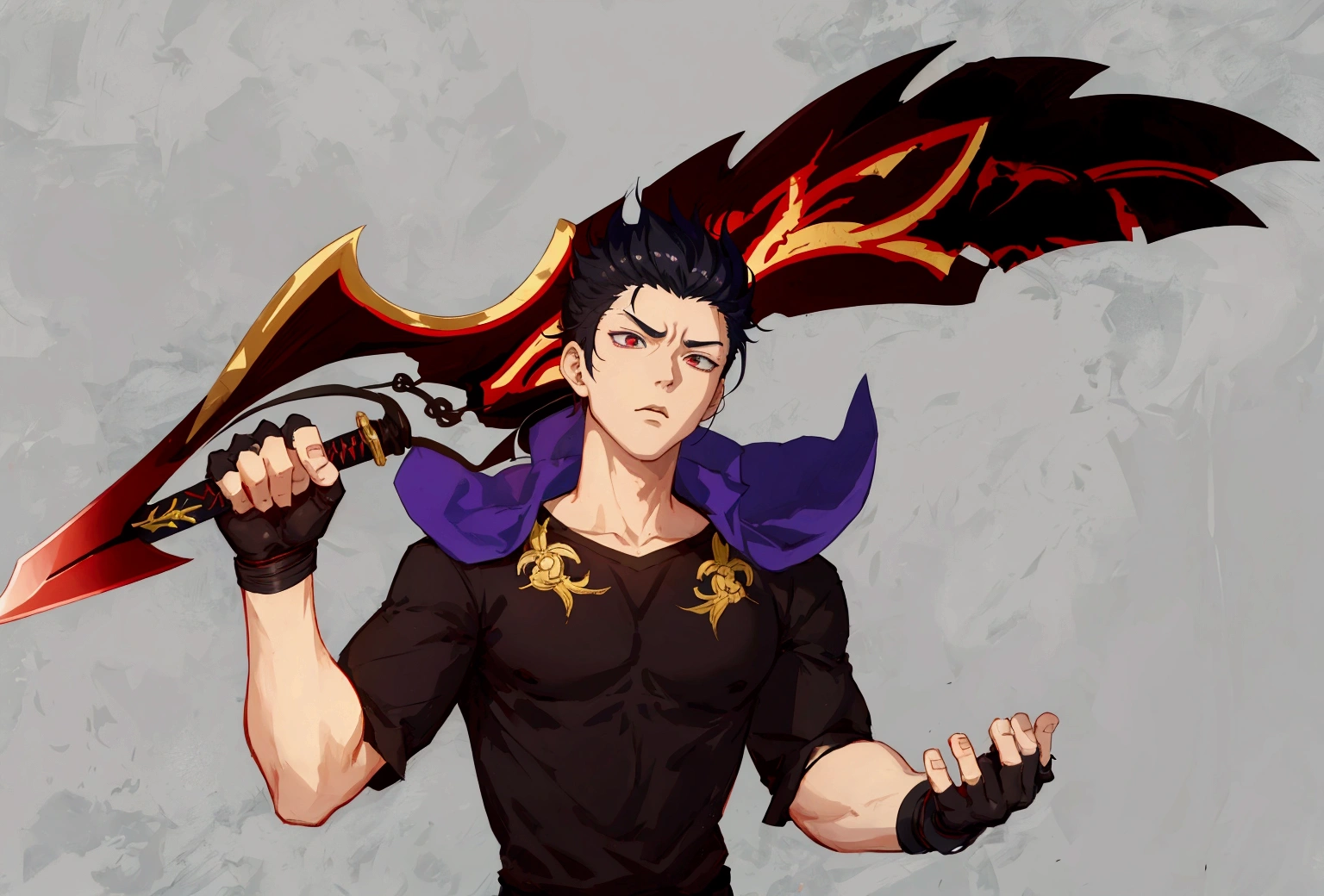 anime character with a sword and a black shirt, keqing do impacto genshin, trigger anime art style, handsome guy in demon slayer art, zhongli do impacto genshin, kentaro miura art style, cute japanese demon boy, 由杨J, with big sword, menacing look, Hero 2d Fanart Artsation, Threatening pose, Anime main art