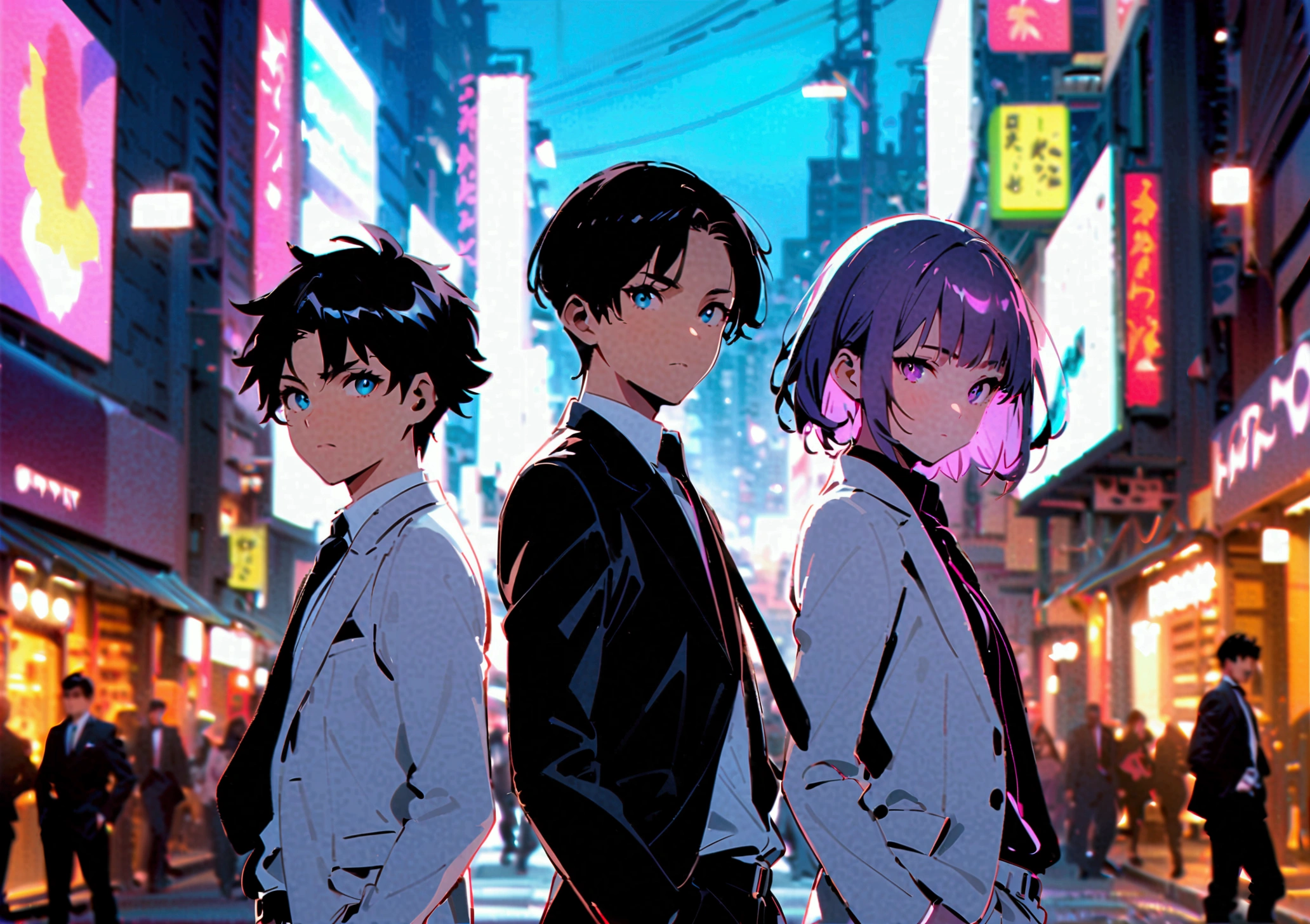 3 men standing in a group, 3 people in white suits, 2 people with black hair, 1 person in a black suit with white hair, 1 person with purple hair, 1 person with their backs turned in the middle of the city at night.