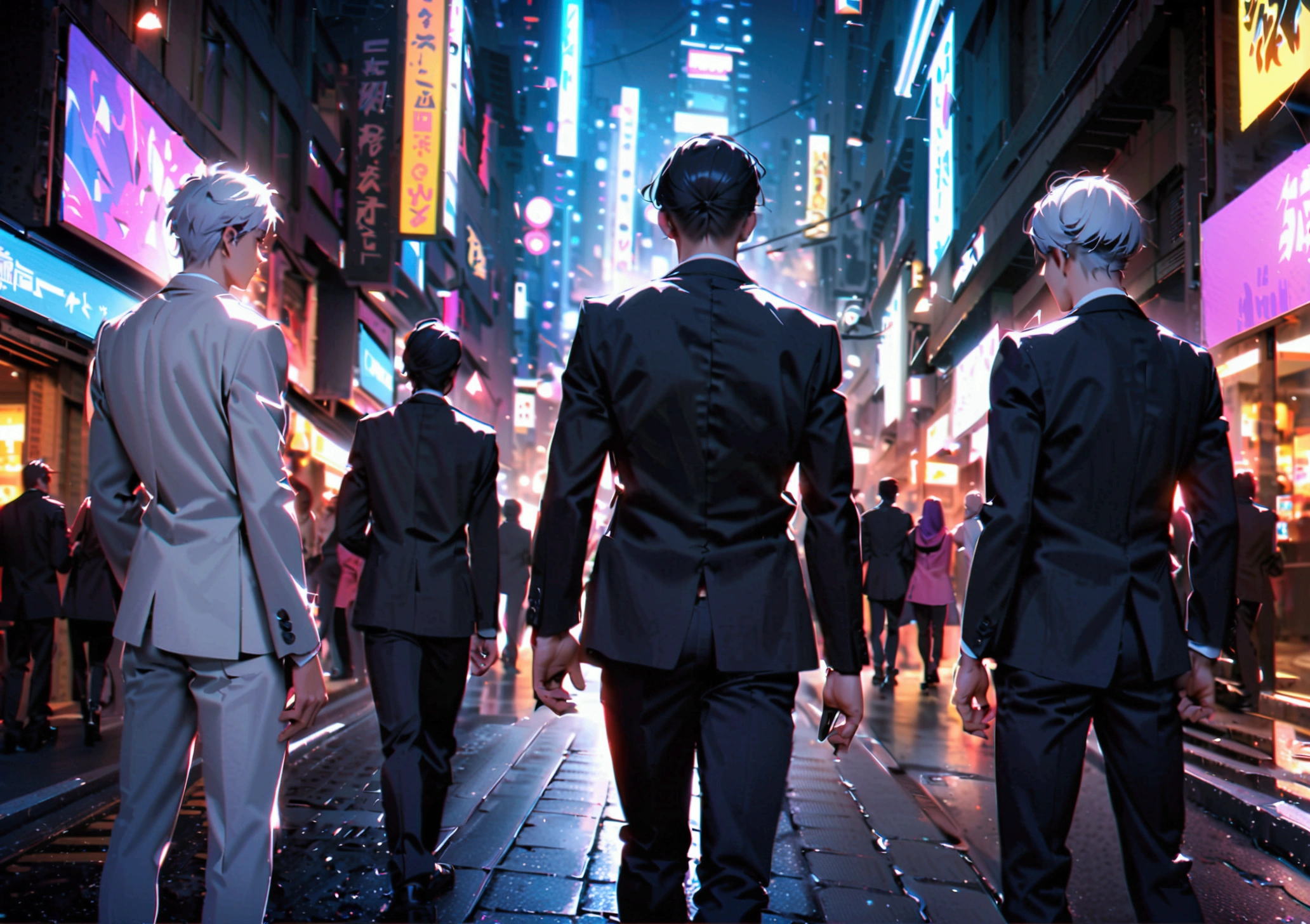 3 men standing in a group, 3 people in white suits, 2 people with black hair, 1 person in a black suit with white hair, 1 person with purple hair, 1 person with their backs turned in the middle of the city at night.
