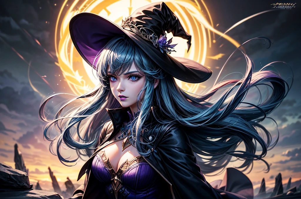 In the middle of so the storm on the stone field stand beatiful witch, she have a beautiful face with blue eyes shining purple lipstick and purple eye shadows, she have long blue hair with purple highlights, she dressed in black long coat short skirt high heels shoes and witch hat on her head , there is lighnings all around her, (ultra high quality fantasy art, anime fantasy style, masterpiece, ultra high quality character design, 8k quality anime art, realistic anime art, top quality wallpaper illustration, detailed ultra high quality accurate face, high quality design and accurate physic)