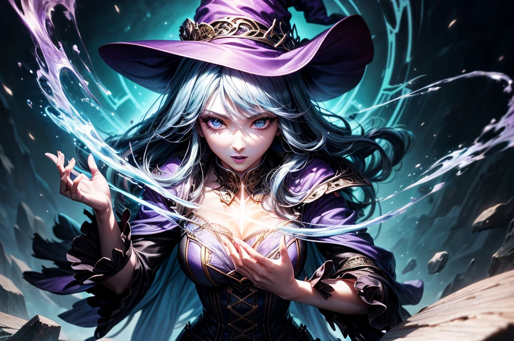 In the middle of so the storm on the stone field stand beatiful witch, she have a beautiful face with blue eyes shining purple lipstick and purple eye shadows, she have long blue hair with purple highlights, she dressed in black long coat short skirt high heels shoes and witch hat on her head , there is lighnings all around her, (ultra high quality fantasy art, anime fantasy style, masterpiece, ultra high quality character design, 8k quality anime art, realistic anime art, top quality wallpaper illustration, detailed ultra high quality accurate face, high quality design and accurate physic)