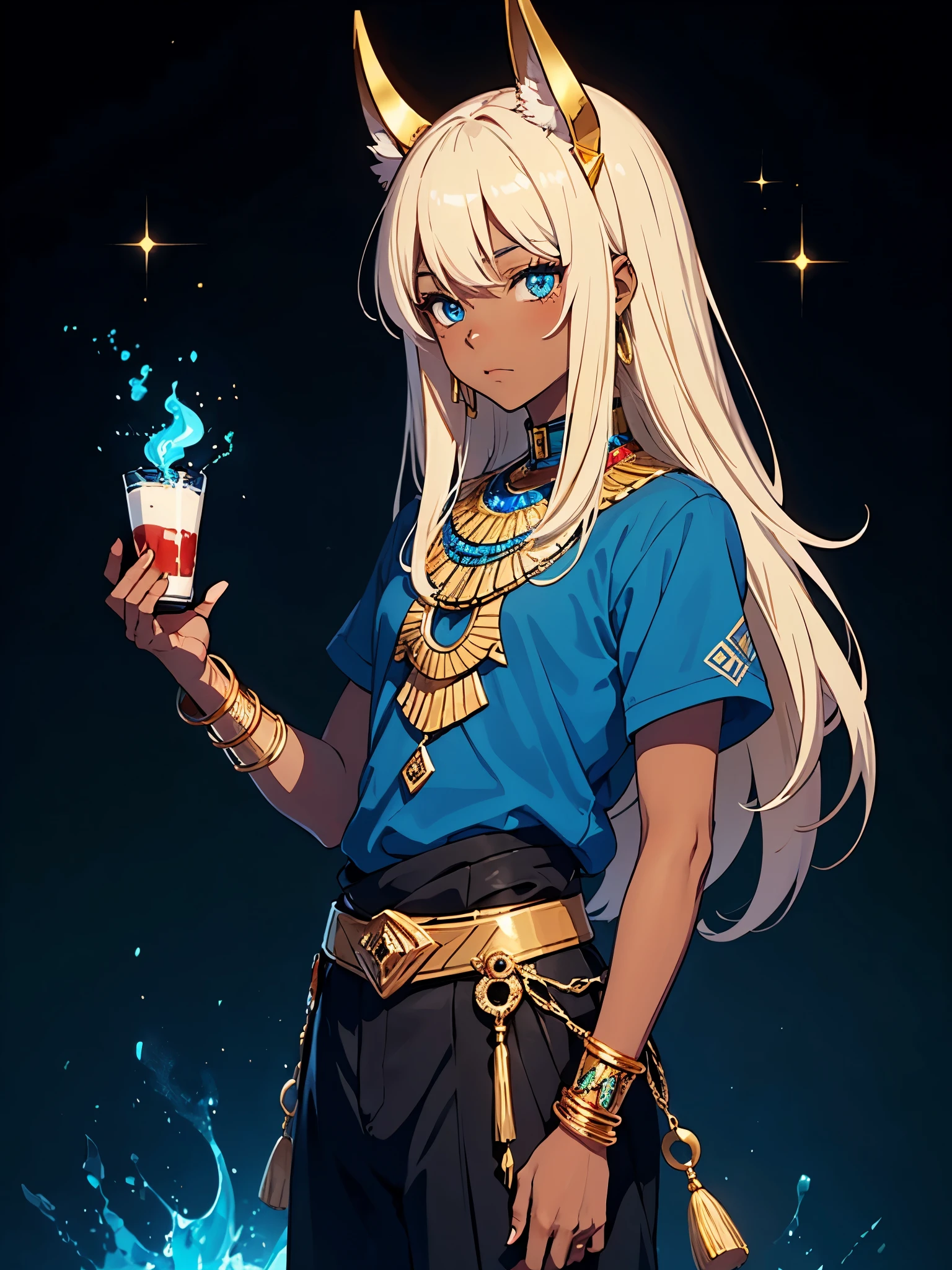 Männlicher. Schakalohren mit Fell. Schakalohren. More anime style. cutie pie. アニメ! Teenage boy. Egyptian deity Anubis. Egyptian blue clothing. Blue clothes.  long blond hair. Lots of gold jewelry. dark skin. Egyptian. dazzling blue eyes. mystical. divine.