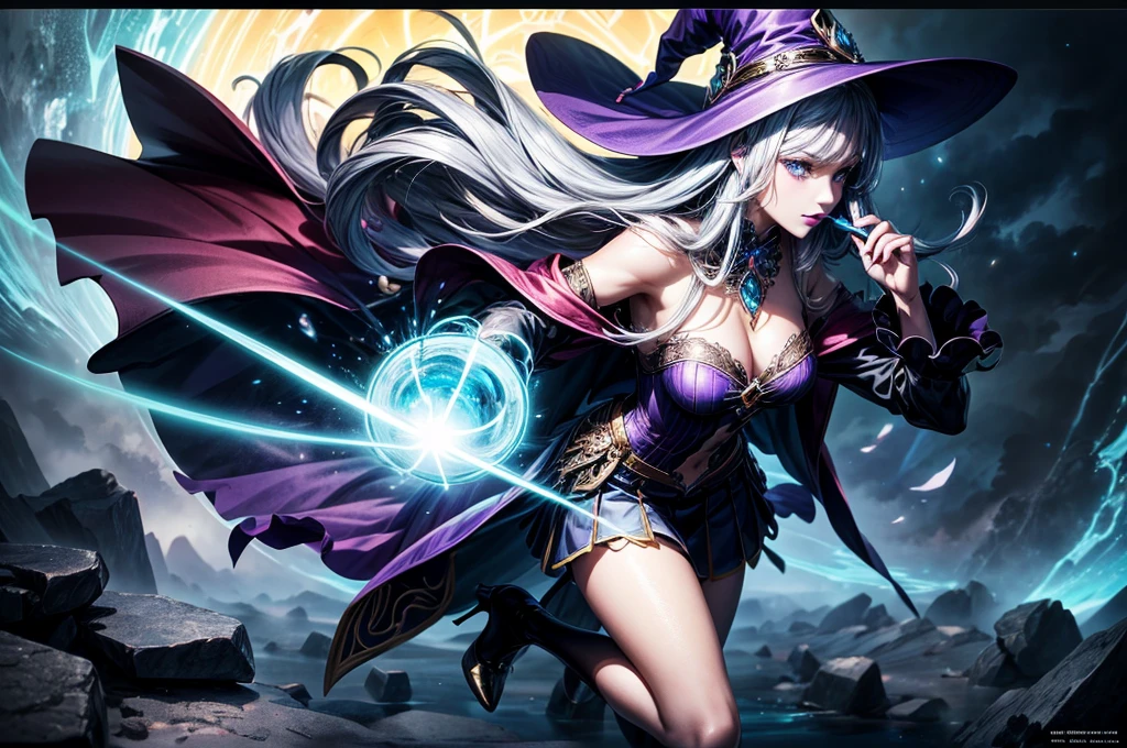 In the middle of so the storm on the stone field stand beatiful witch, she have a beautiful face with blue eyes shining purple lipstick and purple eye shadows, she have long blue hair with purple highlights, she dressed in black long coat short skirt high heels shoes and witch hat on her head , there is lighnings all around her, (ultra high quality fantasy art, anime fantasy style, masterpiece, ultra high quality character design, 8k quality anime art, realistic anime art, top quality wallpaper illustration, detailed ultra high quality accurate face, high quality design and accurate physic)