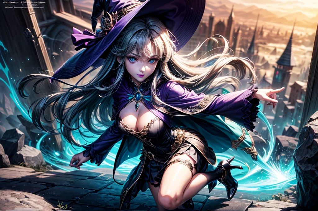 In the middle of so the storm on the stone field stand beatiful witch, she have a beautiful face with blue eyes shining purple lipstick and purple eye shadows, she have long blue hair with purple highlights, she dressed in black long coat short skirt high heels shoes and witch hat on her head , there is lighnings all around her, (ultra high quality fantasy art, anime fantasy style, masterpiece, ultra high quality character design, 8k quality anime art, realistic anime art, top quality wallpaper illustration, detailed ultra high quality accurate face, high quality design and accurate physic)