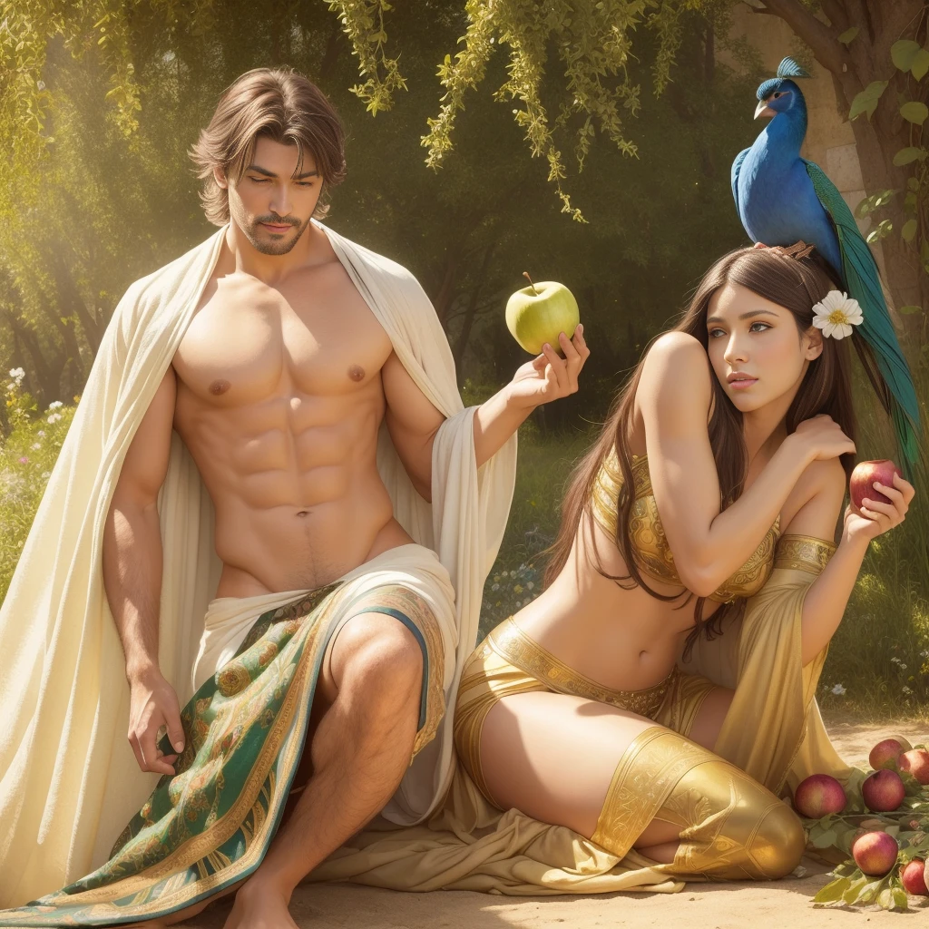 fullbody, painted of full body of four peoples, foot on ground, a standing greek handsome man give an apple to a naked woman with flower, a woman with shield, a woman stand front of a Peacock, masculine, mature, muscular, hairy torso, fantasy, intricate, elegant, highly detailed, digital painting, artstation, concept art, smooth, sharp focus, illustration, art by gaston bussiere and alphonse mucha, looking each other.