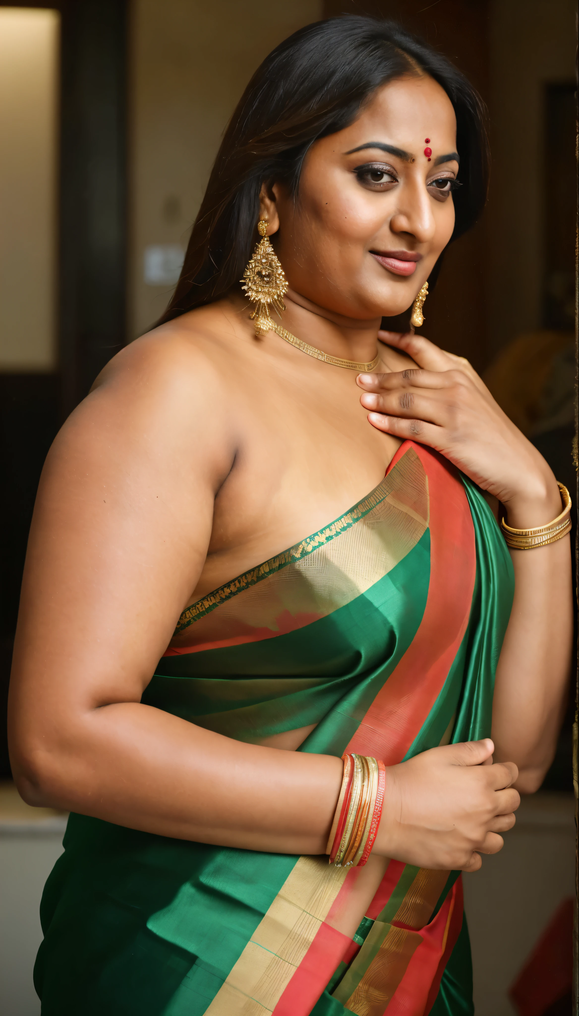Foto RAW, photorealistic, photography, full body shot, 50 years old Woman, master shot, perfect eyes, goddess like beauty, pierced eyes, perfect thick chubby mallu Desi aunty bhabhi, Wearing a Stanapatta, a chest-band.Saree model, model Photography, Indian saree shoot, Indian traditional wear advertising photography, traditional wear brand shoot, face of Indian actress Sonakshi Sinha, masterpiece, realistic, realism, incredible details, pleasure, photorealism, detailed skin, skin pores, high contrast, photorealistic Artstation 8k HD digital art trend of high definition and detailed realistic skin texture, ultra detail, realistic skin texture, armature, best quality, ultra high definition, (photorealistic:1.4),, high resolution, detail, raw photo, sweat, Re sharp, by Lee Jefferies Nikon D850 Film Stock Photo 4 Kodak Portra 400 Camera F1.6 Lens Rich Color Ultra Real Realistic Realistic Textures Dramatic Lighting Unreal Engine Trending at Art Station Cinestill 800,(pele altamente detalhada: 1.2), 8k UHD, DSLR, soft-lighting, alta qualidade, grain of film, Fujifilm XT3,she didn't like to wear blouse or bra, she is happy to wear only saree, she hates blouse or bra, detailed hairy armpits, hyper realistic skin, skin pores, sweat, veins, short hairs on armpit, stubble armpits, hyper realistic hairy armpits, low waist saree,