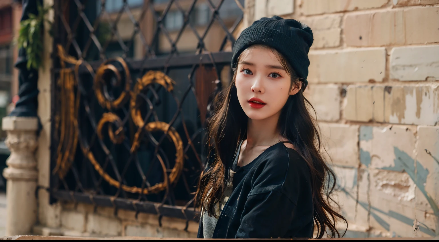 araffe woman in black jacket and hat standing in front of a wall, with black beanie on head, wearing a beanie, wearing a chocker and cute hat, wearing beanie, black haired girl wearing hoodie, beanie, still from a music video, portrait sophie mudd, style of julia razumova, youtube video screenshot, she is wearing a hat