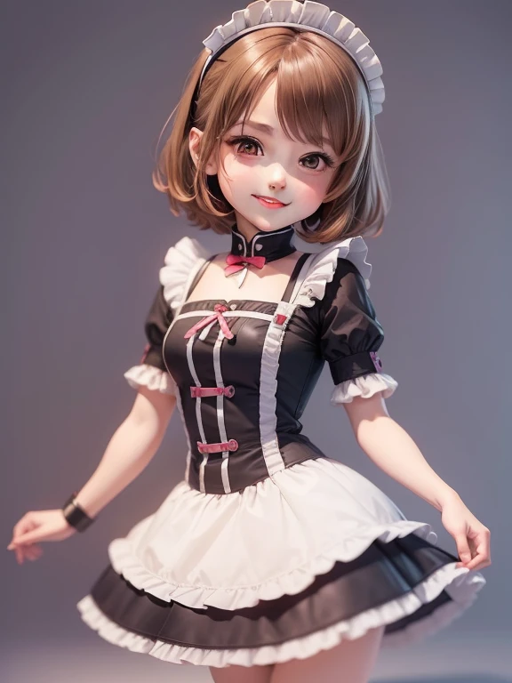 masterpiece,Maid style,comics,Cute,little girl,(((Full body female love))), Smiling Smile, Brown short hair,On Katyusha's head, Wearing black and white maid outfit,The clothes are decorated with white lace.,Curious expression,Game characters,3d rendering,Rich details,high quality,8K