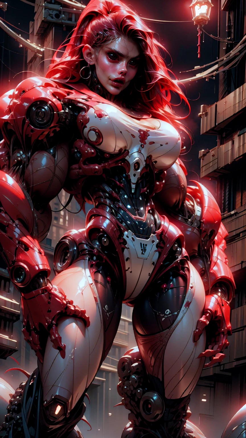 (beautiful girl:1.25), (megan fox:1.25), (young bodybuilder girl wearing cybernetic muscle suit:1.25), carnage muscular physique, seductive face, mouth wide open carnage style, long red hair, perfect muscular body, super skinny legs, sissy, femboy, (carnage style physique)