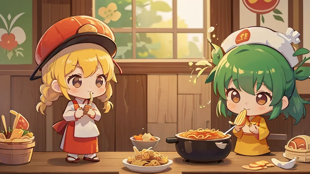 (((masutepiece))), Best Quality, Extremely detailed, (Chef Costume:1.2), (Chef's Hat), (((girl with))), (((Solo))), Happy, (((Eat large tomato pasta))), ((hafl body)), Ahoge, (((Deformed))), (((Chibi Character))), ((( Vietnamese Restaurant))),, ((crossed arms))), (((cooking))