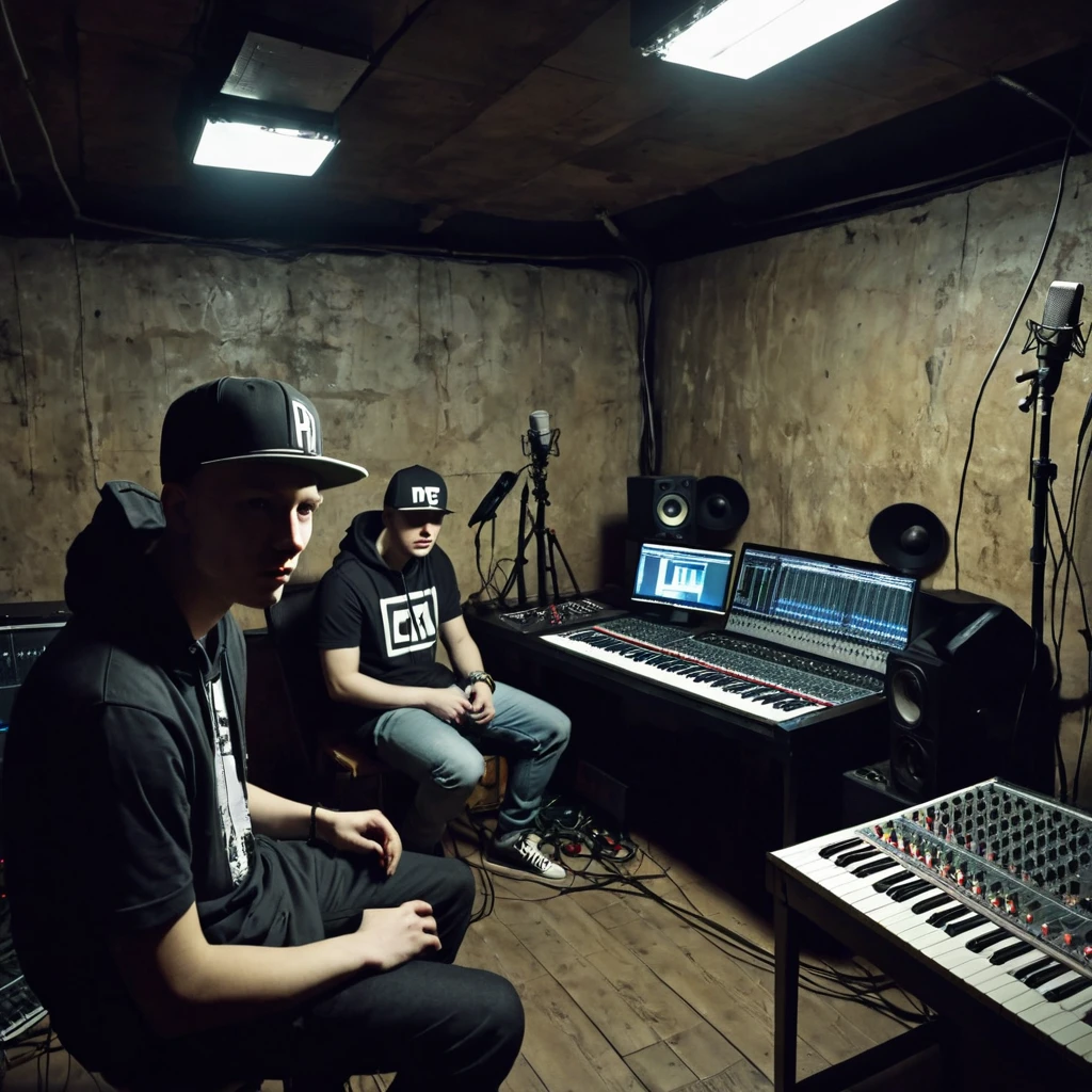 Amateur photo in an underground recording studio with a minimum of equipment in the frame, a company of Russian white underground rappers recording a track in a dark studio, photo taken by one of the group members, an ordinary cheap studio, gloomy look, high quality, realism, hyperrealism, crime rap,