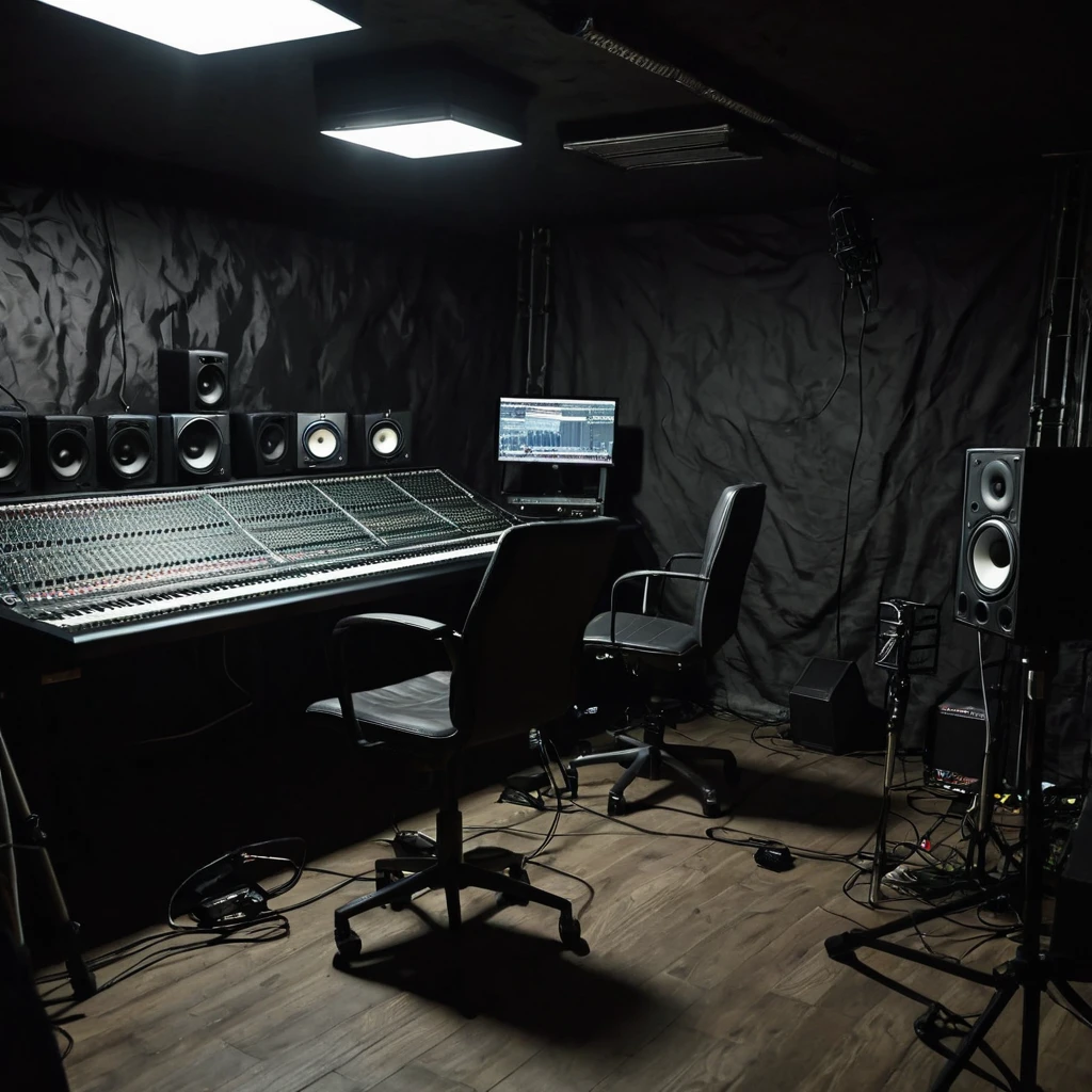 Amateur photo in an underground recording studio with a minimum of equipment in the frame, a company of Russian white underground rappers recording a track in a dark studio, photo taken by one of the group members, an ordinary cheap studio, gloomy look, high quality, realism, hyperrealism, crime rap,