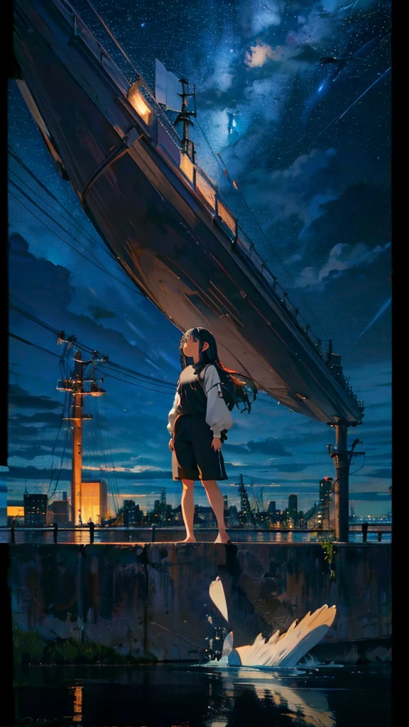 masterpiece, Exquisite detail,Highest quality, One girl, alone, handrail, cloud, Looking up at the buildings,Long Hair, zero, Long sleeve, Power lines, White footwear, Black Hair, View your viewers, Electric pole, bangs, cloudy zero, fish, bird, Green Eyes, Shorts, Day, Black Shirt, barefoot,Whale flying in the sky,Giant whale,night,Star,milky way,night,Pitch black,Buildings,Sitting, High quality anime art style，Standing painting，Splash ink background，Blue Themes,Clear Face,Distinct facial features