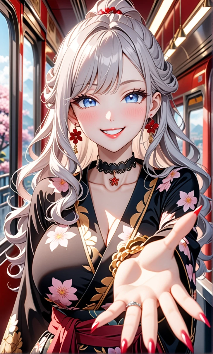 ultra-detailed, ((one girl)), (pale skin:1.4), in pastel colors gyaru, (heavy makeup), (professional lighting) hyper detailed, absurdres, 8K, Beautiful Face, (Laugh shyly), ((teasing smile:1.8)), ((Wink:1.7)), (Laugh with your mouth wide open),((Tilt your face:1.6)), View your viewers, ((Bright red cheeks:1.6)),Glossy Red Lips, ((Big Breasts:1.5)),  ((undressing:1.2)), noon, Getting off the train , ((Anime style background)),masterpiece, Highest quality, so beautiful,Latest, Complex details, (Pink long nails), (nail art), (ring),(bracelet), (Floral Choker),AI-generated, Complex,High resolution, Highest quality, super high quality,3D Images、3D Images,One person,Pastel silver long hair,(High Ponytail), (wavy hair:1.3), Pastel anime woman posing for a photo, ((Fine grain、blue eyes、glowing eyes:1.4)), (Squint your eyes:1.1),a hyperRealistic , hyperRealistic , Realistic,Anime woman with long pastel white hair, Smooth anime CG art, A girl in a gorgeous black kimono, ((Black long-sleeved kimono)),(Pink large floral pattern), Golden embroidery, Long flower hair ornament,Floral Earrings,Mature Body, tall,Narrow waist,  ((Reaching out:1.8)), 