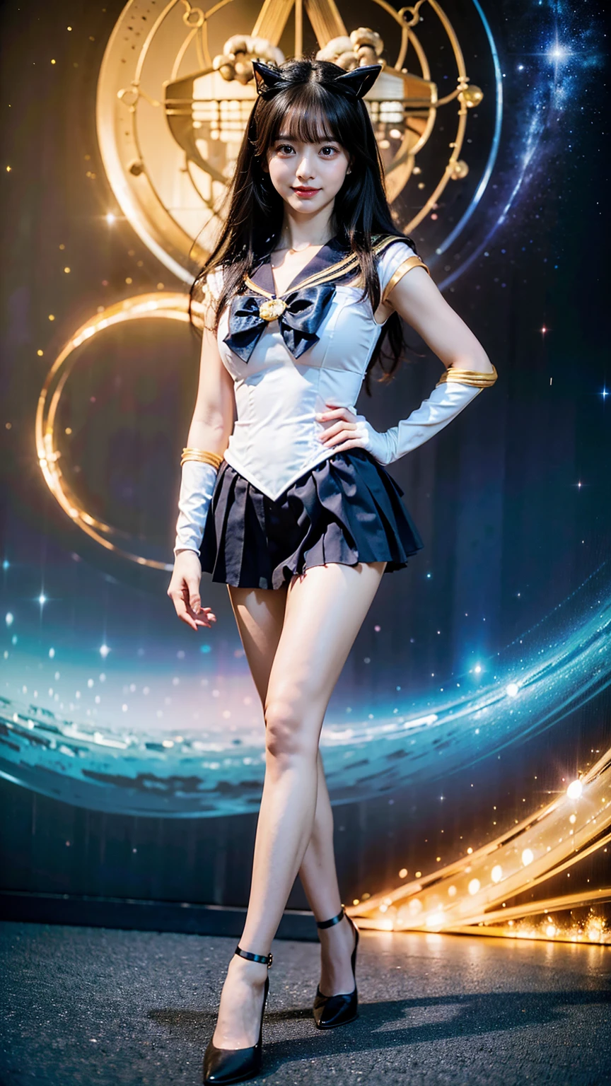 (8K、RAW Photos、Highest quality、masterpiece:1.2)、(Realistic、Realistic)、1 Girl、((Sailor Moon Costume:1.2、Thin legs、whole body、View from the front、smile、Looking into the camera、Stand with hands on hips))、cute