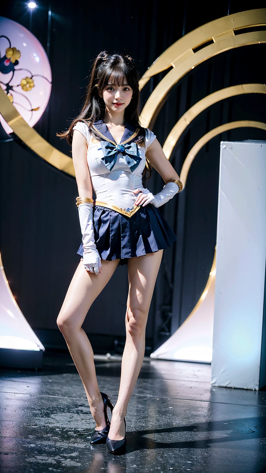 (8K、RAW Photos、Highest quality、masterpiece:1.2)、(Realistic、Realistic)、1 Girl、((Sailor Moon Costume:1.2、Thin legs、whole body、View from the front、smile、Looking into the camera、Stand with hands on hips))、cute