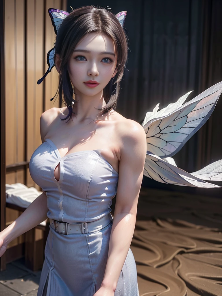 Tolerate, Demon slayer, Shinobu Kocho, anime, 22 years old, ((Butterfly themed costume, A black haori coat with a butterfly pattern, Brown full-body military uniform)), ((Tolerateコスプレ)), ((A very cute caucasian 22 years old mom cosplaying shinobu), ((Blur the background)), 1 Girl, Wide range photograph撮影, Wide range, (Mature Woman), Long and beautiful face, Clear Face, Realistic Face, True Face, Absolute reality, ((Hot body)), ((Demon slayer dress)), ((Demon slayer)), ((Tolerateドレス)), ((Cosplay Dresses)), Huge , Covered, (((Realistic))), ((Dress neatly)), waist curve pose, surface side, (8K, RAWphotograph, Highest quality, masterpiece), (Realistic, Realistic: 1.9), ((Full Body Shot)), Stylish pose, ((Highly detailed skin: 1.2)), ((Realistic: 1.9)), photograph, masterpieces, Highest quality, (Beautiful Blue Eyes, Gorgeous pale gray black curly hair, White skin, Thick body, Coarse hairs on lower abdomen, perfect slim figure), Various poses, Highly detailed face, Fine grain, Many people are looking at her with excitement., (((close))), Light of the sun, Cinematic, ((photograph撮影)), photograph