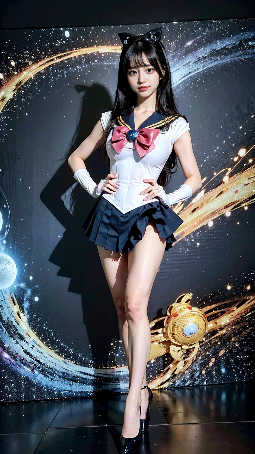 (8K、RAW Photos、Highest quality、masterpiece:1.2)、(Realistic、Realistic)、1 Girl、((Sailor Moon Costume:1.2、Thin legs、whole body、View from the front、smile、Looking into the camera、Stand with hands on hips))、cute
