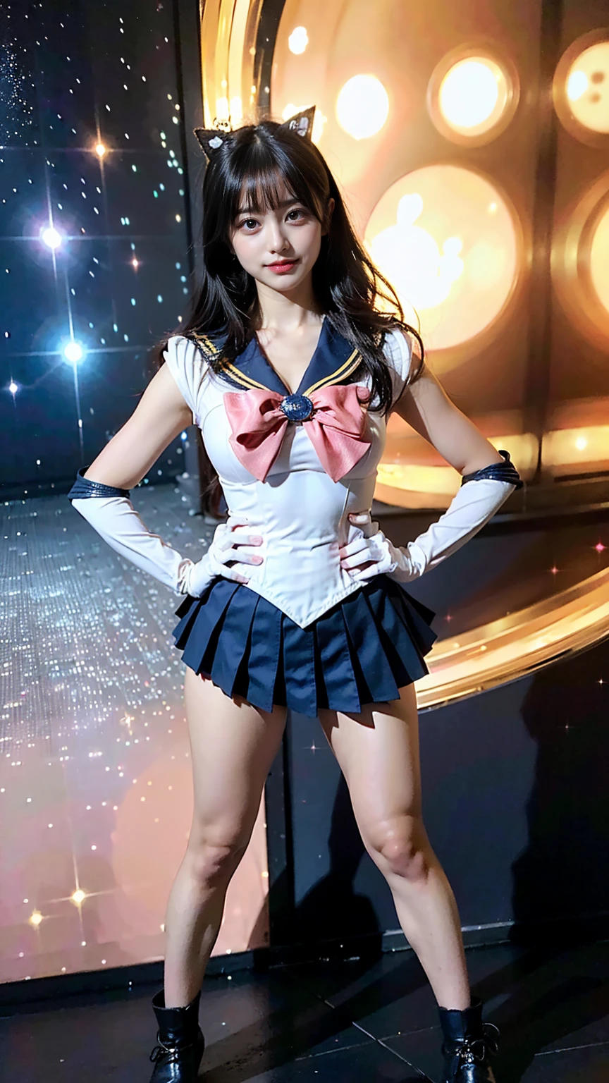 (8K、RAW Photos、Highest quality、masterpiece:1.2)、(Realistic、Realistic)、1 Girl、((Sailor Moon Costume:1.2、Thin legs、whole body、View from the front、smile、Looking into the camera、Stand with hands on hips))、cute