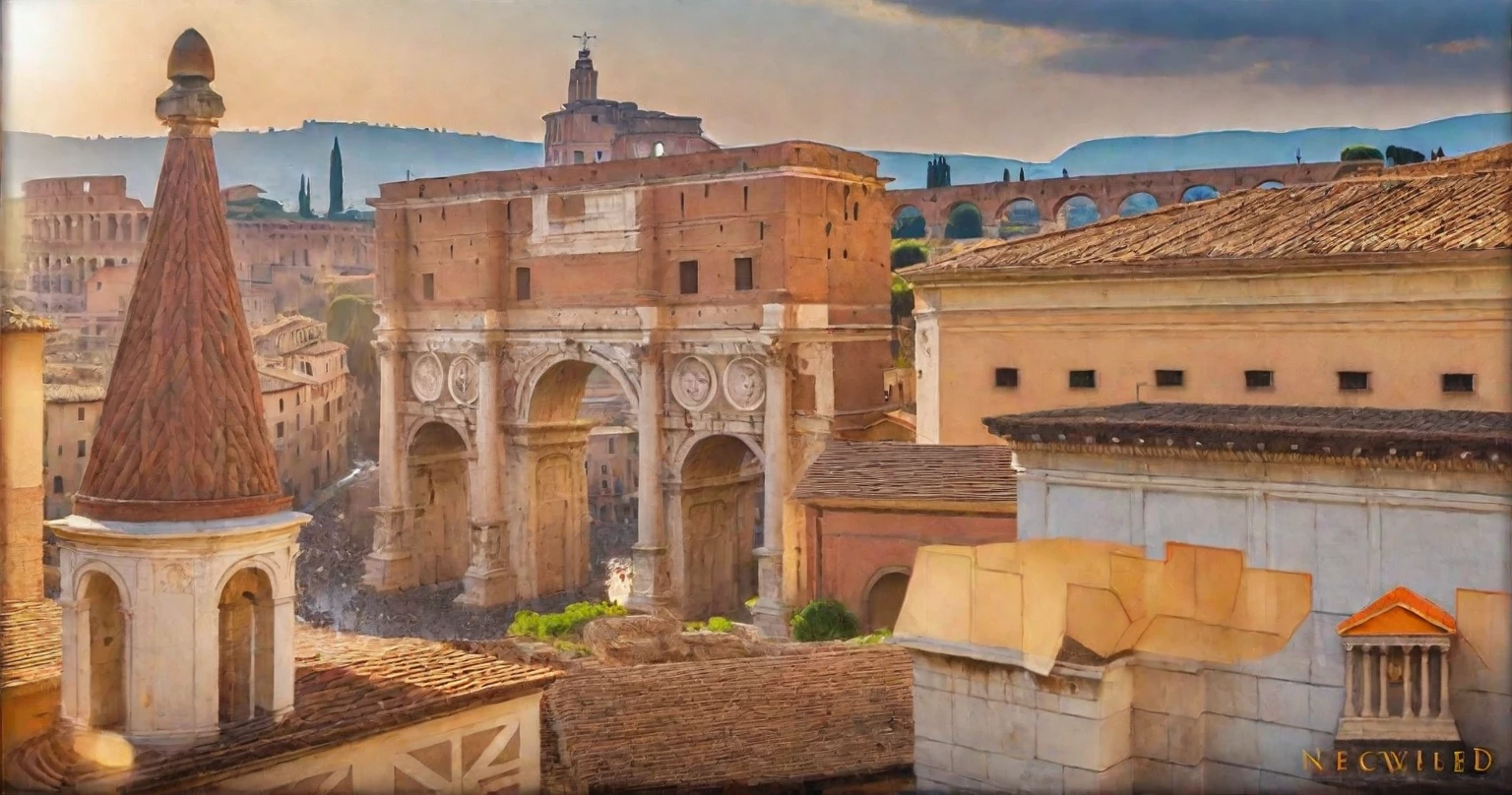 arafed view of a city with a lot of buildings and a clock tower, roman city, rome, ancient rome, rome in background, eternal city, roma, roman monuments, ancient roman setting, rome backdrop, roman historic works, market in ancient rome, old roman style, colosseo, city ruins in the background, ancient roman style, view from slightly above