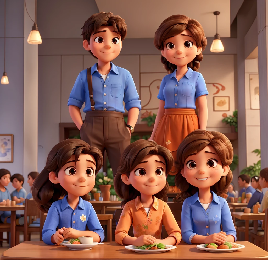 A young boy and a woman are seated at a table, both smiling broadly. The boy is wearing a blue shirt with a floral pattern and the woman has an orange top. They seem to be enjoying their time together. They have brown skin color and the woman has a long hair. In the background, there's a bustling restaurant setting with other patrons and tables.