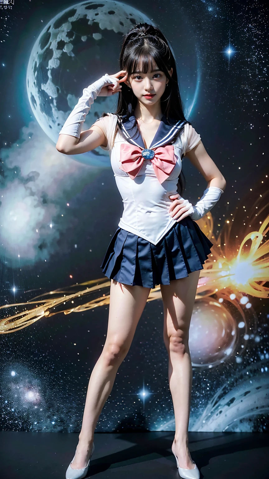 (8K、RAW Photos、Highest quality、masterpiece:1.2)、(Realistic、Realistic)、1 Girl、((Sailor Moon Costume:1.2、Thin legs、whole body、View from the front、smile、Looking into the camera、Stand with hands on hips))、cute