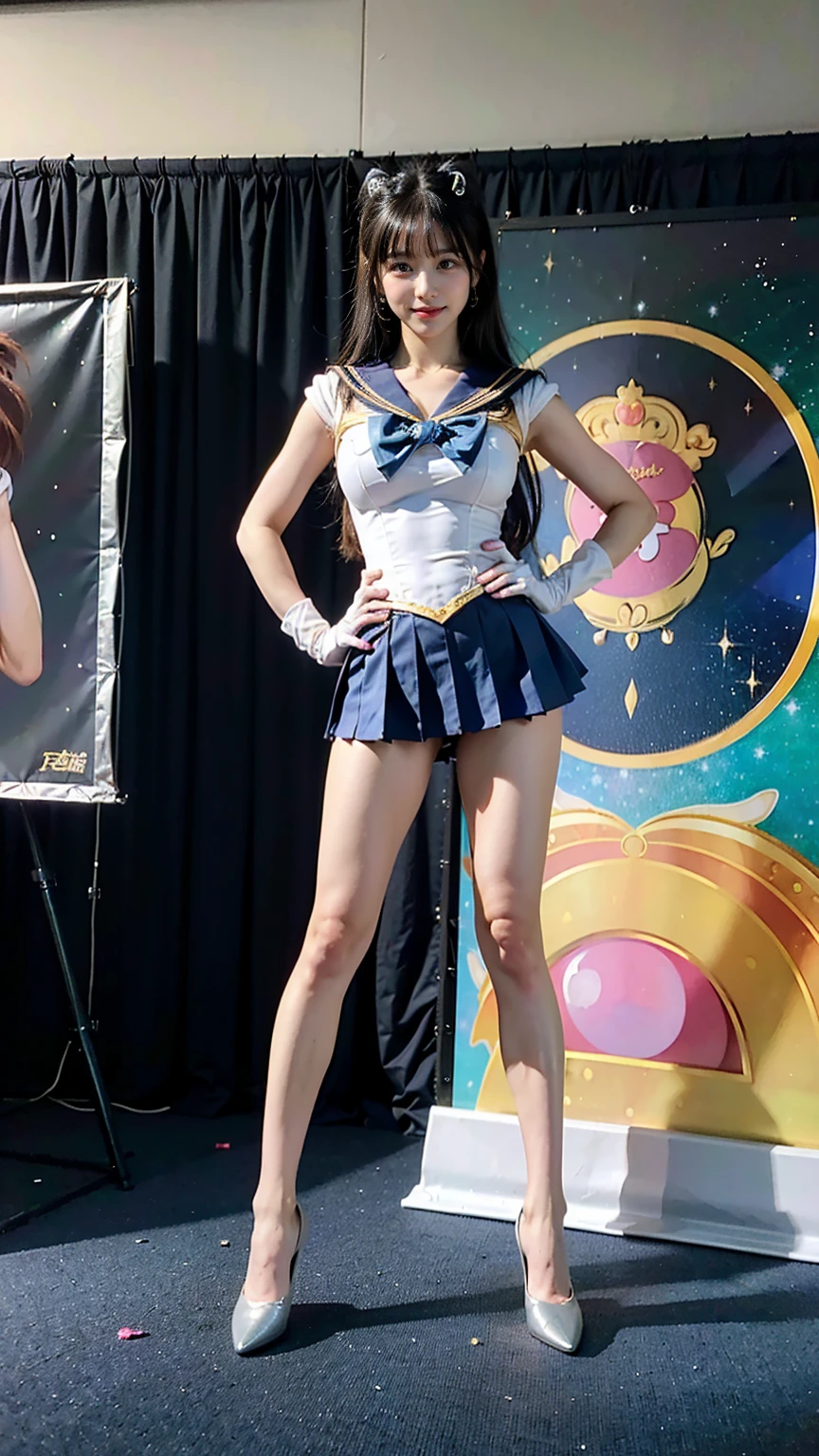 (8K、RAW Photos、Highest quality、masterpiece:1.2)、(Realistic、Realistic)、1 Girl、((Sailor Moon Costume:1.2、Thin legs、whole body、View from the front、smile、Looking into the camera、Stand with hands on hips))、cute