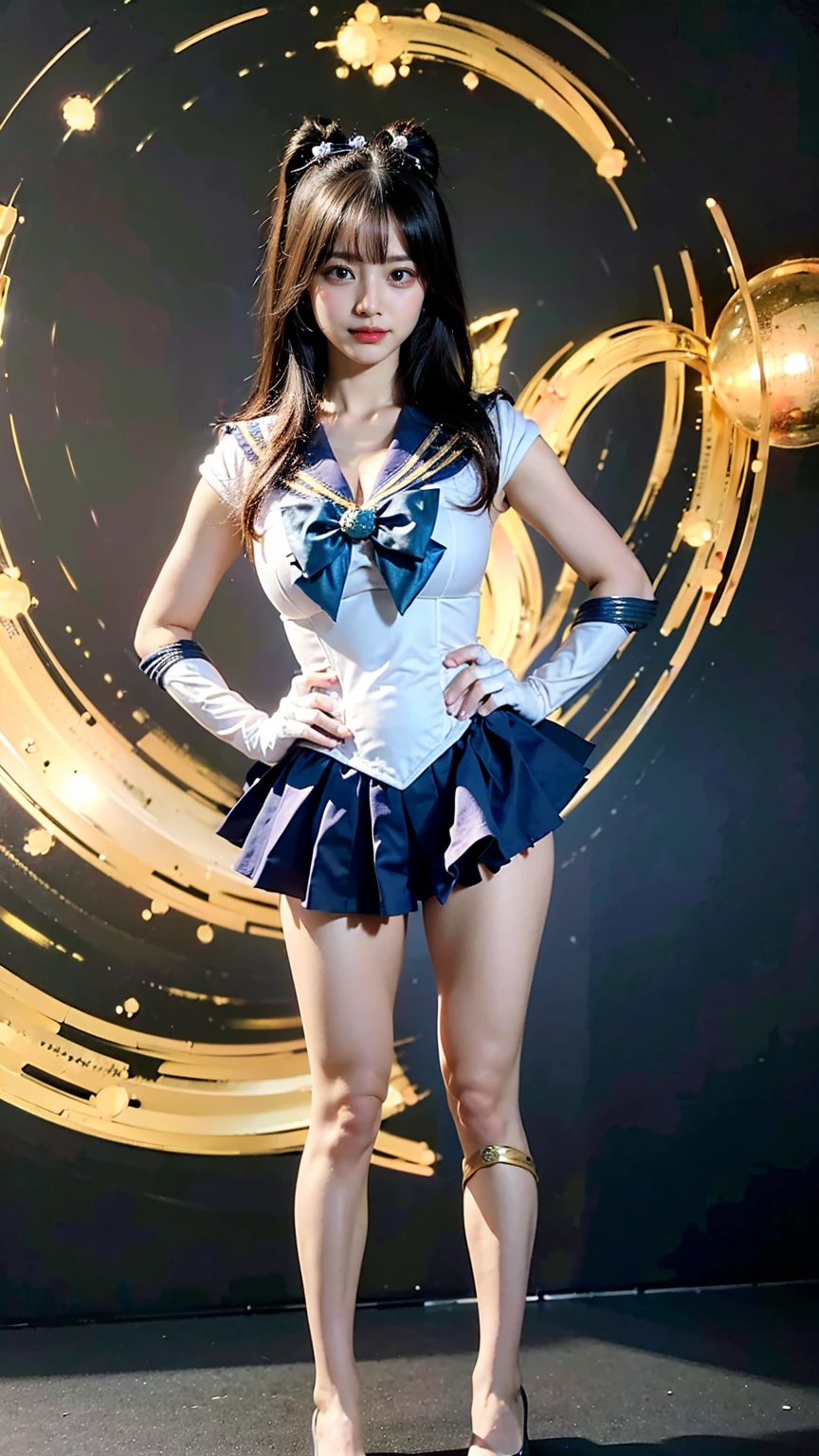 (8K、RAW Photos、Highest quality、masterpiece:1.2)、(Realistic、Realistic)、1 Girl、((Sailor Moon Costume:1.2、Thin legs、whole body、View from the front、smile、Looking into the camera、Stand with hands on hips))、cute