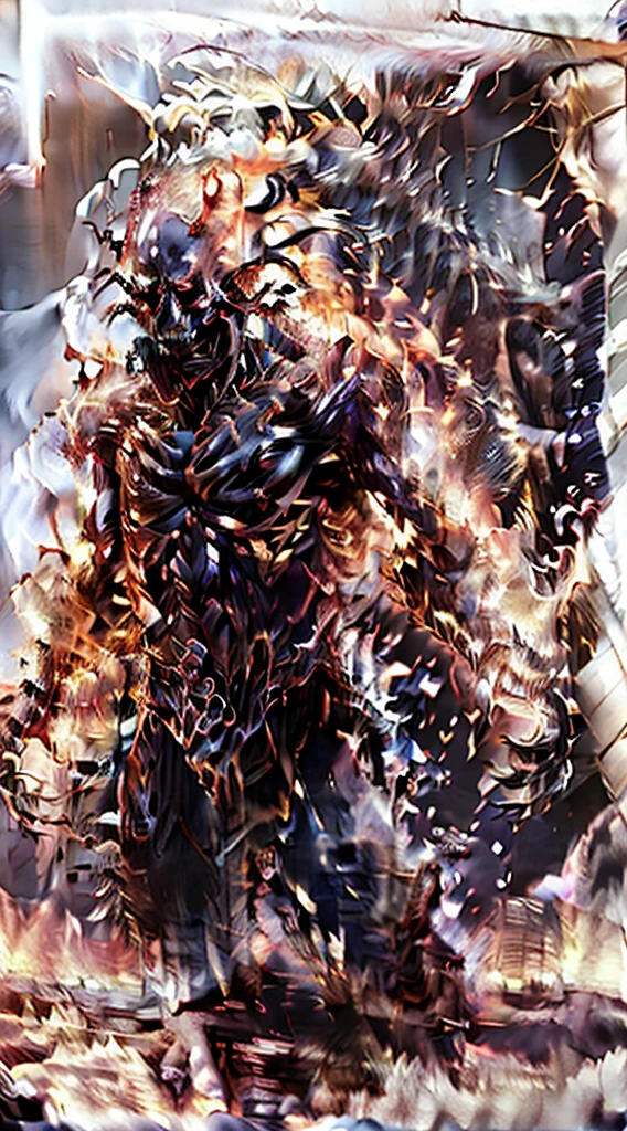 A towering, skeletal figure stands over 20 feet tall, its bony frame wreathed in flickering, ethereal flames. Its elongated, misshapen skull has hollow, sunken eye sockets that seem to pierce the soul. Wisps of smoke curl from between its exposed, jagged teeth. Massive, clawed hands tipped with razor-sharp phalanges hang at its sides, radiating intense heat. As it moves, the ground trembles beneath its thunderous steps, leaving a trail of smoldering destruction in its wake.
