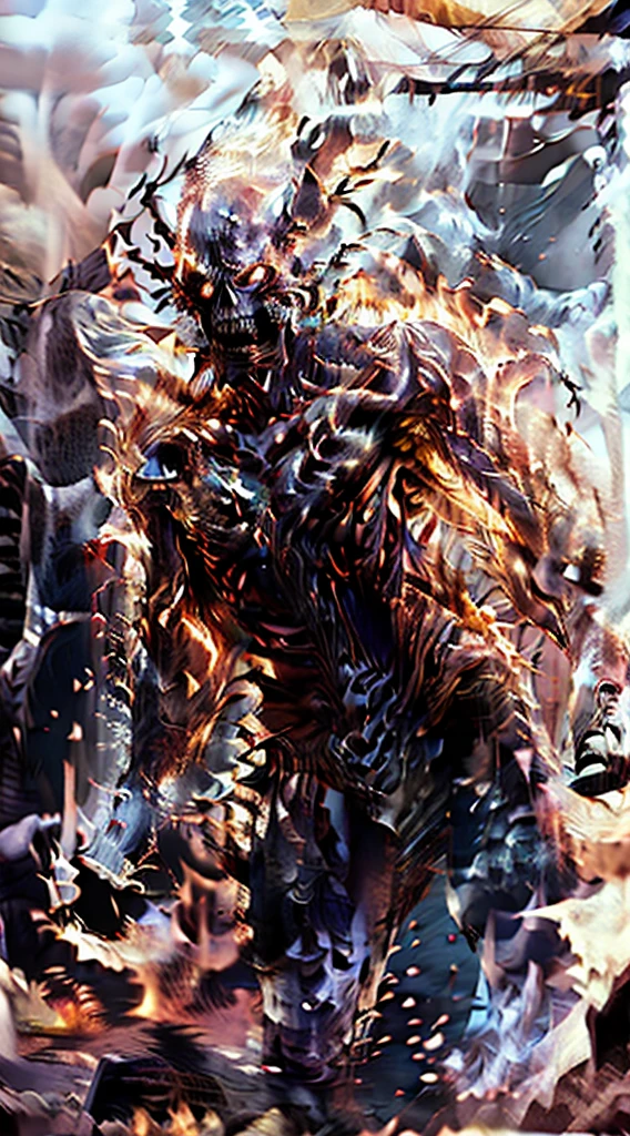 A towering, skeletal figure stands over 20 feet tall, its bony frame wreathed in flickering, ethereal flames. Its elongated, misshapen skull has hollow, sunken eye sockets that seem to pierce the soul. Wisps of smoke curl from between its exposed, jagged teeth. Massive, clawed hands tipped with razor-sharp phalanges hang at its sides, radiating intense heat. As it moves, the ground trembles beneath its thunderous steps, leaving a trail of smoldering destruction in its wake.