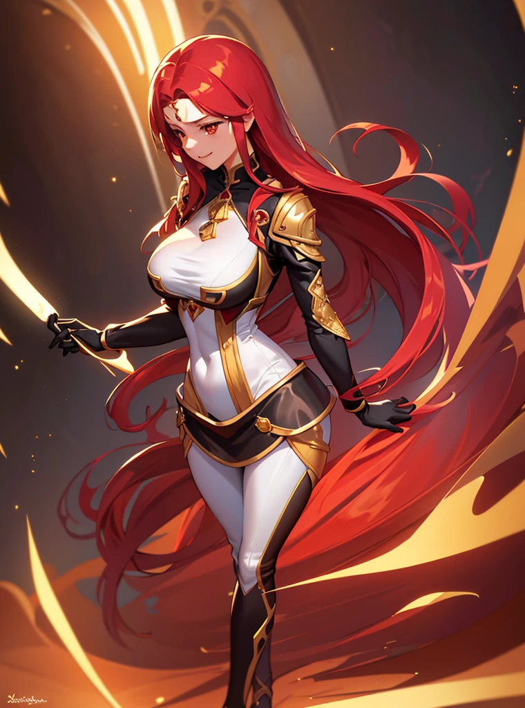 (masterpiece, best quality) an adult woman with very long red hair, ((white background, no background, without background)),, neckline, (profile picture), bodysuit, cold look, queen, good anatomy, good proportions, black clothes, queen, (((red and gold eyes))), smiling, mysterious appearance, emotionless, bangs, very long red hair, (Red and Gold Eyes), Gothic, big Chest (large breasts), ((Chest to Head Show)),(((full body))), Cinematics, Color Oil Painting, Solo, Cinematic Lighting, Extremely Detailed Face, Finely Detailed Face, Beautiful Face, Beautiful Eyes, Perfect Lighting, Depth of Field, Good Anatomy