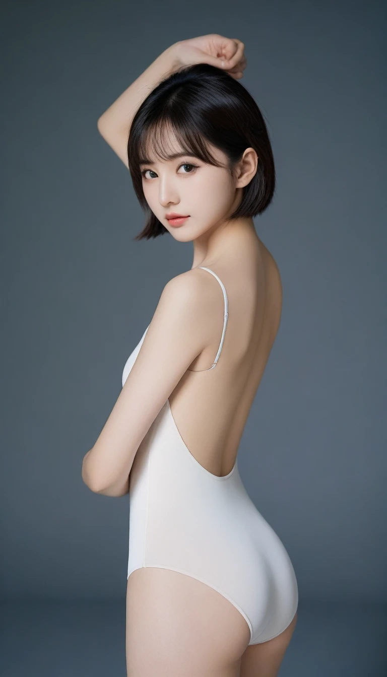 8K, Ultra-high resolution, Highest quality, masterpiece, 三分割法によるphotograph,Surreal, photograph, 1 Girl, (16 years old:1.3), pretty girl, Cute face, Beautiful eyes in every detail, 細かくdetailedに,masterpiece,One Girl:1.2, Japan Female Announcer, whole body,blank expression,Black Hair,Bob with bangs,Rhythmic Gymnastics,leotard,Ballet Eco Stume,(tutu), gym,from behind,Captivating ass,Spanking,Delicate and smooth skin, Realistic Skin, Perfect and beautiful face ,完璧でCute face, Skin with attention to detail, Perfect limbs、Narrow waist、Thin legs)、Browsing Caution,Beautiful leg line beauty,Looking at the audience、beauty,Long neck、(((Ideal body type))),A cup small breasts :2,、Portraiture:2、Perfect Anatomy、鮮明なdetailed、detailed、Surreal、Light and shadow,Strong light