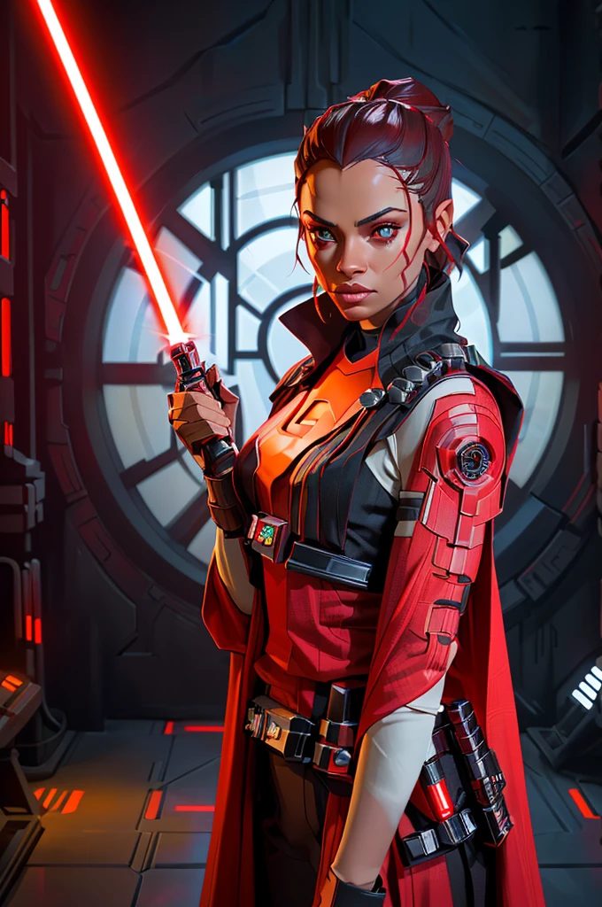 Arafed woman dressed in red holding a red lightsaber., vistiendo uniforme Sith negro, holding a red lightsaber, holding lightsaber 4k, with lightsaber sword, female jedi, red and cinematic lighting, Sith, Lord Sith. dramatic lighting, with lightsaber, star wars character, star wars movie look, star wars imperial style, Lord Sith