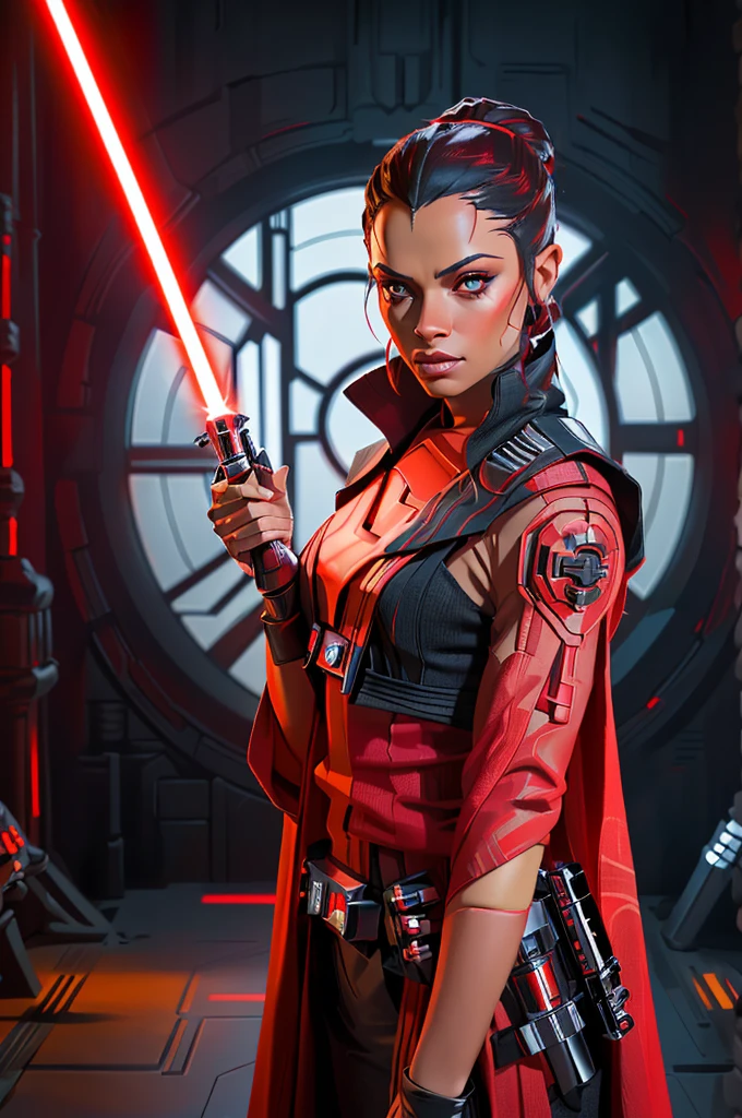 Arafed woman dressed in red holding a red lightsaber., vistiendo uniforme Sith negro, holding a red lightsaber, holding lightsaber 4k, with lightsaber sword, female jedi, red and cinematic lighting, Sith, Lord Sith. dramatic lighting, with lightsaber, star wars character, star wars movie look, star wars imperial style, Lord Sith