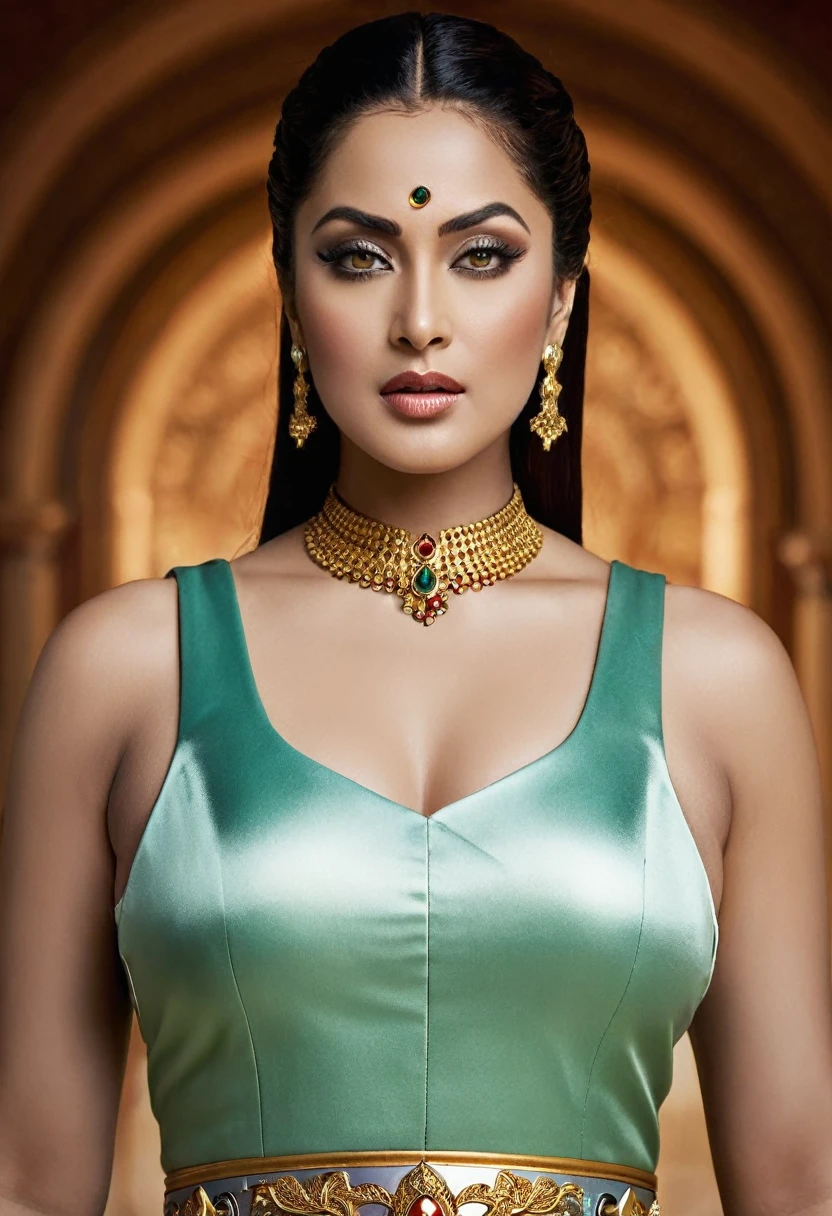 Looks like Sandeepa Dhar, "Design an illustration of a stunning and powerful warrior queen with a regal presence. She should possess a combination of strength and grace. Imagine her in ornate, yet practical armor that complements her figure. The armor should be adorned with intricate details and symbols representing her royal lineage and warrior prowess. Her weapon of choice could be a unique and elegant sword or a mythical weapon that reflects her status as a formidable leader.
Her facial features should exude confidence and determination, with piercing eyes that convey both fierceness and wisdom. The queen's hair, whether long or short, should flow dynamically, hinting at her movement in battle. Consider incorporating elements that emphasize her connection to nature or a mythical realm, such as ethereal backgrounds, symbolic animals, or mystical symbols.
Pay attention to the color palette; use rich, bold colors that enhance her royal aura. Experiment with lighting to highlight specific details and create a sense of drama. Ensure that her posture and expression capture the essence of a queen who commands respect and admiration. Feel free to draw inspiration from historical warrior queens or fictional characters, blending elements to create a unique and captivating image."