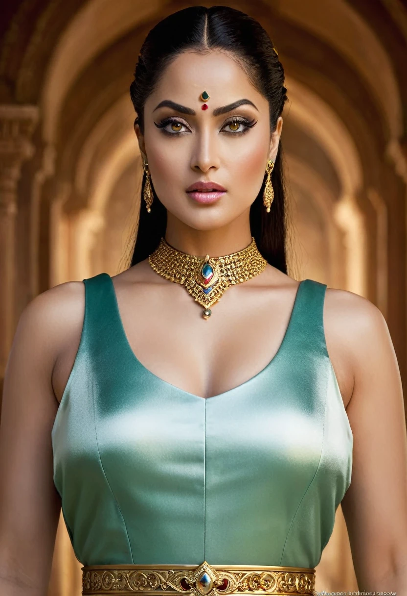 Looks like Sandeepa Dhar, "Design an illustration of a stunning and powerful warrior queen with a regal presence. She should possess a combination of strength and grace. Imagine her in ornate, yet practical armor that complements her figure. The armor should be adorned with intricate details and symbols representing her royal lineage and warrior prowess. Her weapon of choice could be a unique and elegant sword or a mythical weapon that reflects her status as a formidable leader.
Her facial features should exude confidence and determination, with piercing eyes that convey both fierceness and wisdom. The queen's hair, whether long or short, should flow dynamically, hinting at her movement in battle. Consider incorporating elements that emphasize her connection to nature or a mythical realm, such as ethereal backgrounds, symbolic animals, or mystical symbols.
Pay attention to the color palette; use rich, bold colors that enhance her royal aura. Experiment with lighting to highlight specific details and create a sense of drama. Ensure that her posture and expression capture the essence of a queen who commands respect and admiration. Feel free to draw inspiration from historical warrior queens or fictional characters, blending elements to create a unique and captivating image."
