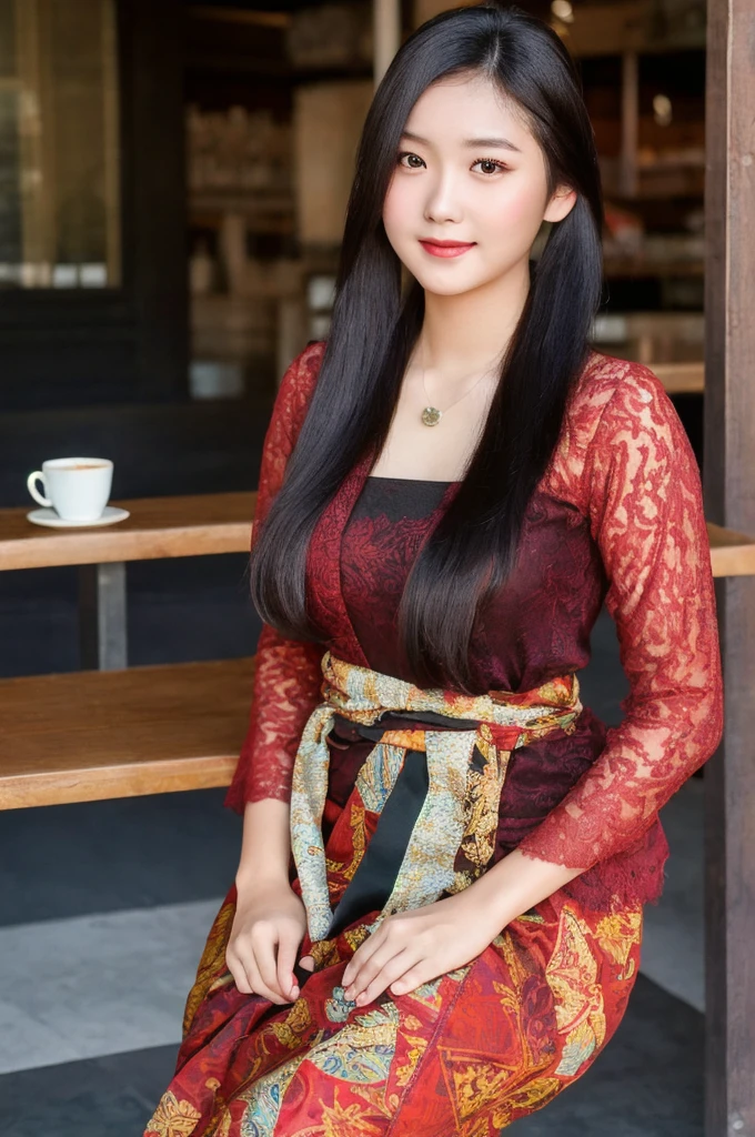 masterpiece: 1.4), (8K, Photorealistic, Raw photography, Best image quality: 1.4), Chubby Chinese girl, 19 years old, (Random hairstyle: 1.2), full body Super Detailed skin, sharp focus 1.3 beautiful girl : 1.2 masterpiece light best quality black hair、超 High resolution (Photorealistic: 1.4), Slight smile, watch, very detailed and professional lighting red kebaya, and batik patterned sarong skirt, Serious facial expression, Sitting on a coffee shop bench