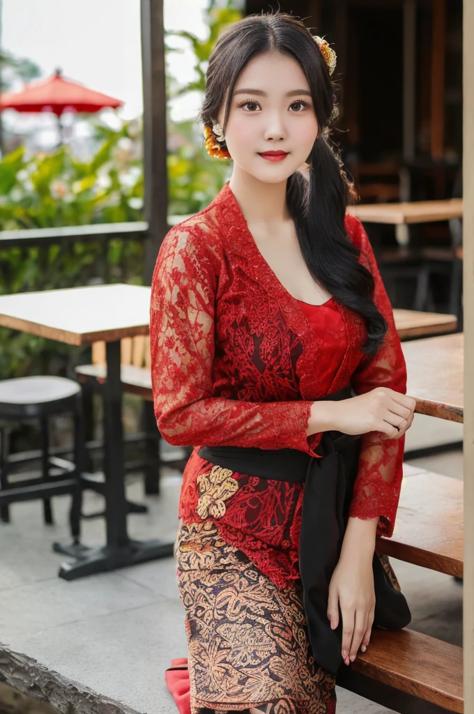 masterpiece: 1.4), (8K, Photorealistic, Raw photography, Best image quality: 1.4), Chubby Chinese girl, 19 years old, (Random hairstyle: 1.2), full body Super Detailed skin, sharp focus 1.3 beautiful girl : 1.2 masterpiece light best quality black hair、超 High resolution (Photorealistic: 1.4), Slight smile, watch, very detailed and professional lighting red kebaya, and batik patterned sarong skirt, Serious facial expression, Sitting on a coffee shop bench