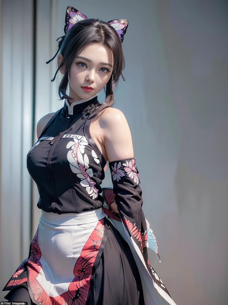 Tolerate, Demon slayer, Shinobu Kocho, anime, 22 years old, ((Butterfly themed costume, A black haori coat with a butterfly pattern, Brown full-body military uniform)), ((Tolerateコスプレ)), ((A very cute caucasian 22 years old mom cosplaying shinobu), ((Blur the background)), 1 Girl, Wide range photograph撮影, Wide range, (Mature Woman), Long and beautiful face, Clear Face, Realistic Face, True Face, Absolute reality, ((Hot body)), ((Demon slayer dress)), ((Demon slayer)), ((Tolerateドレス)), ((Cosplay Dresses)), Huge , Covered, (((Realistic))), ((Dress neatly)), waist curve pose, surface side, (8K, RAWphotograph, Highest quality, masterpiece), (Realistic, Realistic: 1.9), ((Full Body Shot)), Stylish pose, ((Highly detailed skin: 1.2)), ((Realistic: 1.9)), photograph, masterpieces, Highest quality, (Beautiful Blue Eyes, Gorgeous pale gray black curly hair, White skin, Thick body, Coarse hairs on lower abdomen, perfect slim figure), Various poses, Highly detailed face, Fine grain, Many people are looking at her with excitement., (((close))), Light of the sun, Cinematic, ((photograph撮影)), photograph