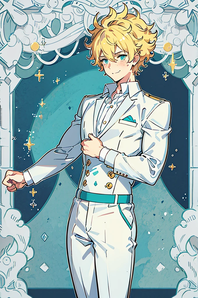 male, tall, blonde spiky curly hair, cyan eyes, freckles, normal amount of muscles, cute smile, blush, classroom background, white shirt, manly face