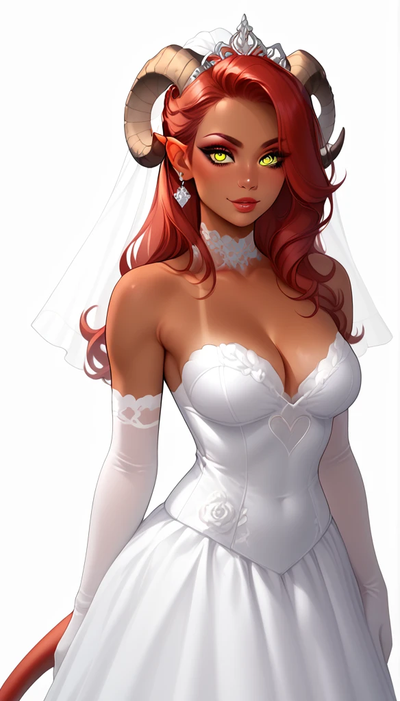 score_9, score_8_up, score_7_up, 1girl, solo,
flowing red hair, glowing yellow eyes, curved ram horns, ears, tail, tanned skin, demoness, (taurus:1.2),
monochromatic, eerie atmosphere,
(wedding dress), seductive, stark white background