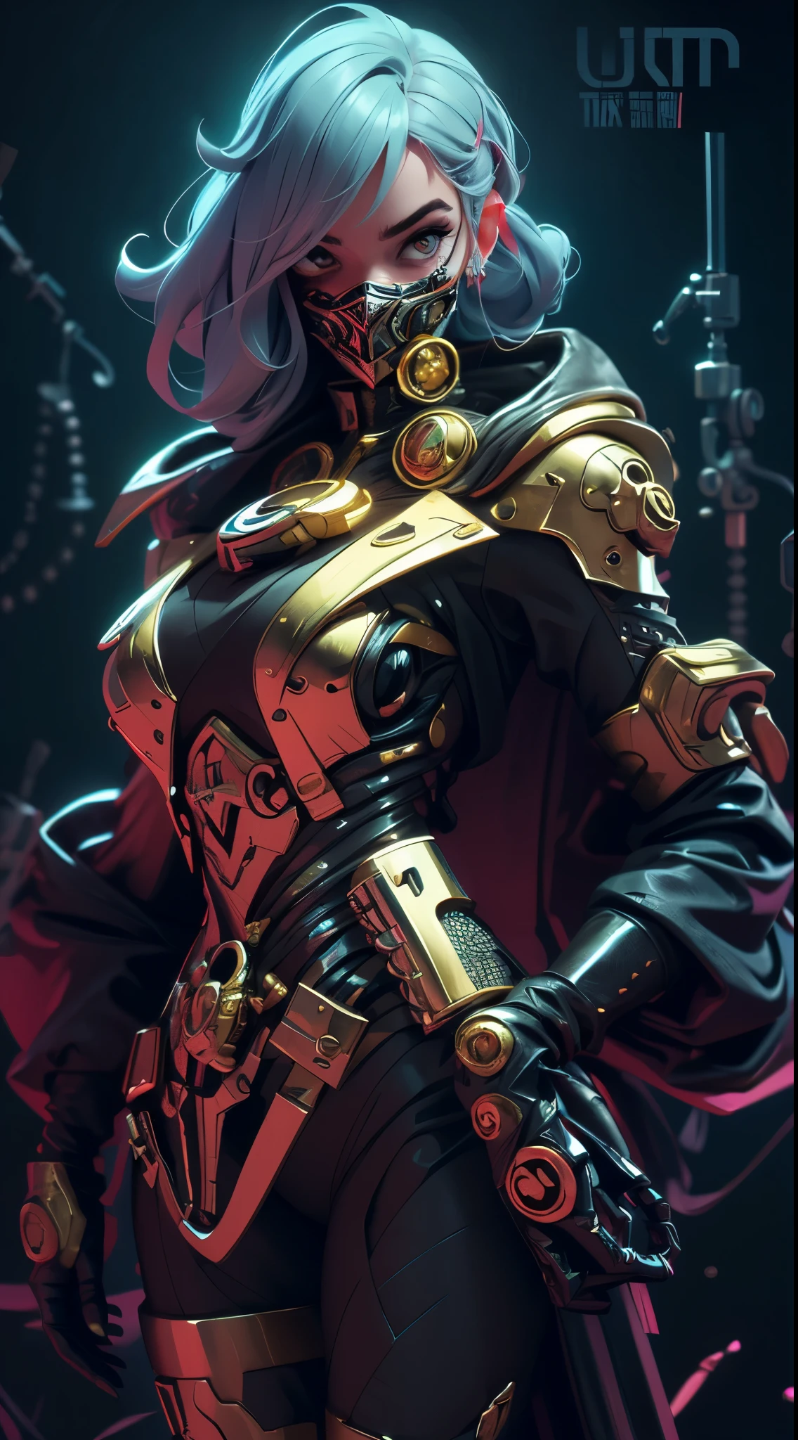 ( High quality , Ultra-detail, carefully with your hand )tarot card, chiaroscuro technique on sensual illustration of an queen of sword, a age fashion model wearing an exo-skeleton mask, vibrant colors, futuristic cyberpunk style, intricate details, cinematic lighting, dramatic pose, an elegant complex bio mechanical onyx and gold, intricate details, official art, unity 8k wallpaper, ultra detailed, beautiful and aesthetic, (in a room with black walls illuminated by violet neon lights :1.1)
