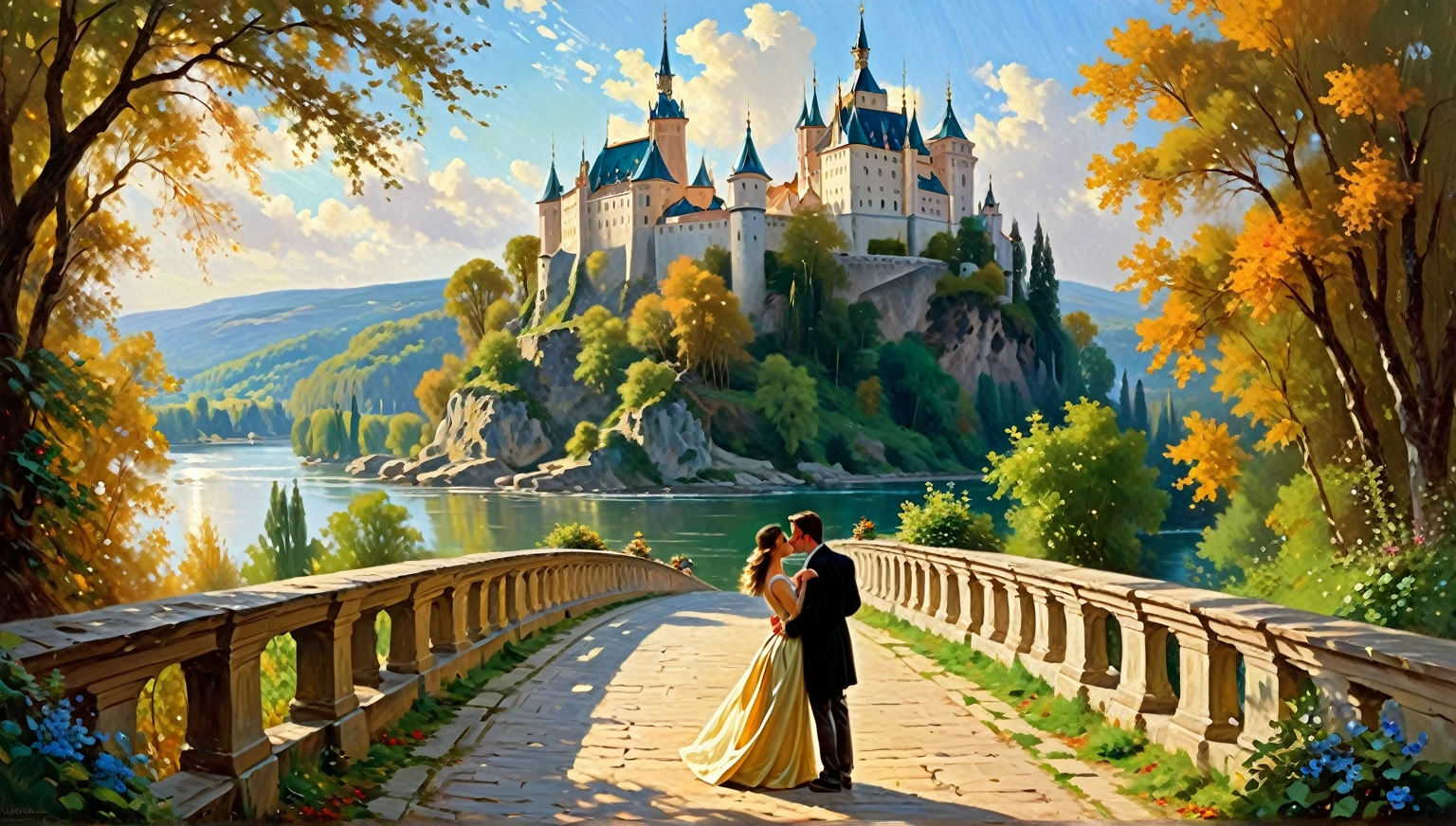 painting of a couple kissing on a bridge with a castle in the background, romantic painting, vladimir volegov, volegov, romance novel cover, by Alexander Kucharsky, painting vladimir volegov, romantic era painting, by Vladimir Novak, by Roman Bezpalkiv, romanticism painting, dmitry spiros, art of edouard bisson