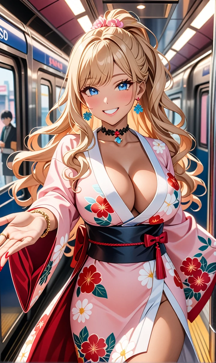 ultra-detailed, ((one girl)), (tan skin:1.6), in pastel colors gyaru, (heavy makeup), (professional lighting) hyper detailed, absurdres, 8K, Beautiful Face, (Laugh shyly), ((teasing smile:1.8)), ((Wink:1.7)), (Laugh with your mouth wide open),((Tilt your face:1.6)), View your viewers, ((Bright red cheeks:1.6)),Glossy Red Lips, ((Big Breasts:1.5)), ((undressing:1.2)), noon, Getting off the train , ((Anime style background)),masterpiece, Highest quality, so beautiful,Latest, Complex details, (Pink long nails), (nail art), (ring),(bracelet), (Floral Choker),AI-generated, Complex,High resolution, Highest quality, super high quality,3D Images、3D Images,One person,Blonde long hair,(High Ponytail), (wavy hair:1.3), Blonde anime woman posing for a photo, ((Fine grain、blue eyes、glowing eyes:1.4)), (Squint your eyes:1.1),a hyperRealistic , hyperRealistic , Realistic,Anime woman with long pastel yellow hair, Smooth anime CG art, A girl in a gorgeous pastel-colored kimono, ((Pastel-colored furisode)),(Pink large floral pattern), Long flower hair ornament,Floral Earrings,Mature Body, tall,Narrow waist, ((Reaching out:1.7)),