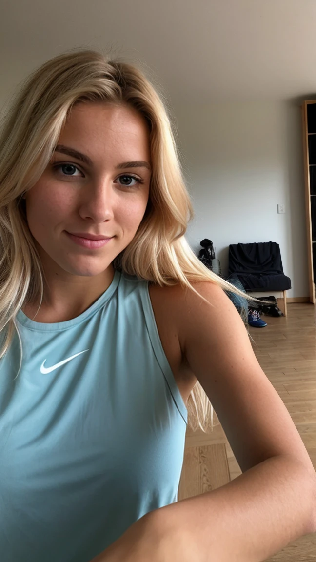 Une femme blonde de 23 ans, ((hyperréalisme)) ,. wearing wedding dress princess, cheveux blonds avec des racines châtain clair. cheveux blond, Cheveux aux racines brunes, cheveux très longs, cheveux très longs, cheveux très longs, cheveux en queue de cheval, Beau, vue de face, selfie, photo prise avec iPhone, en train de faire sa séance de sport à la salle